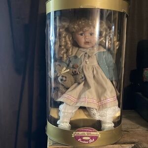 New in Box Vintage Porcelain Doll with Cream Dress and Teddy Bear